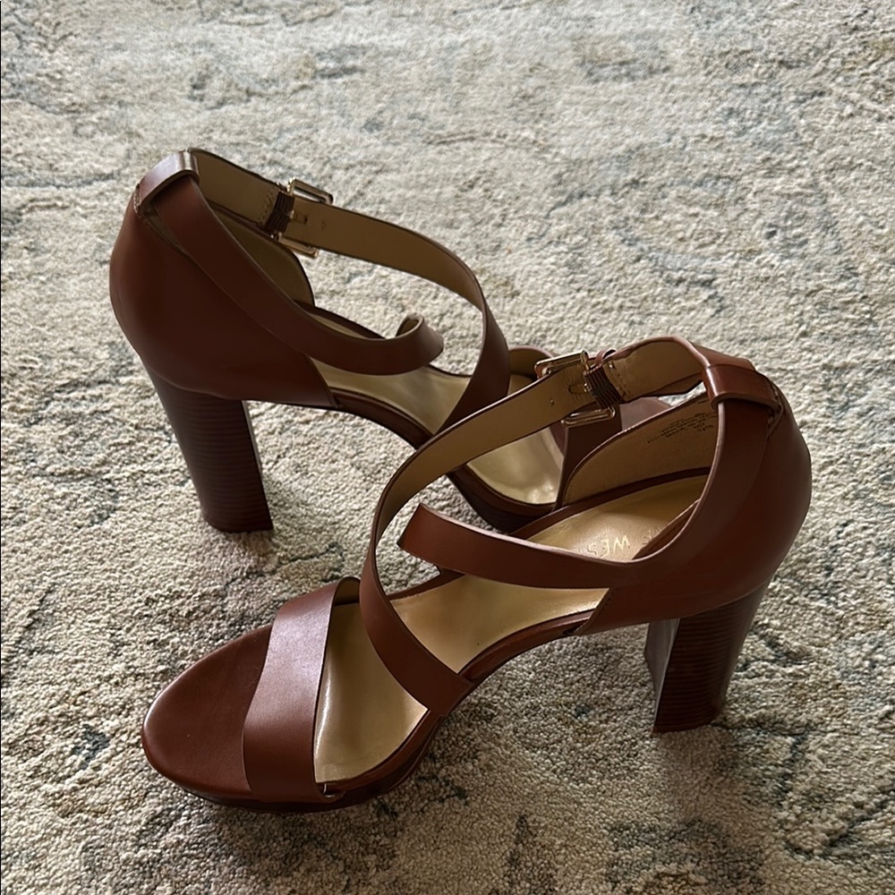 Nine West Brown Leather Block Heel Sandals